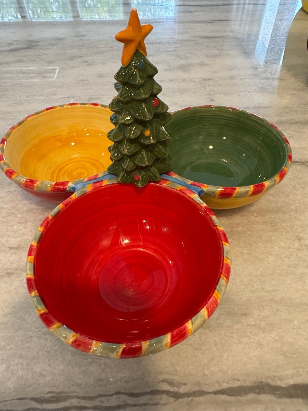 Sango Ceramic Holiday Trio Snack Bowl Set with Tree - Red, Green, Yellow
